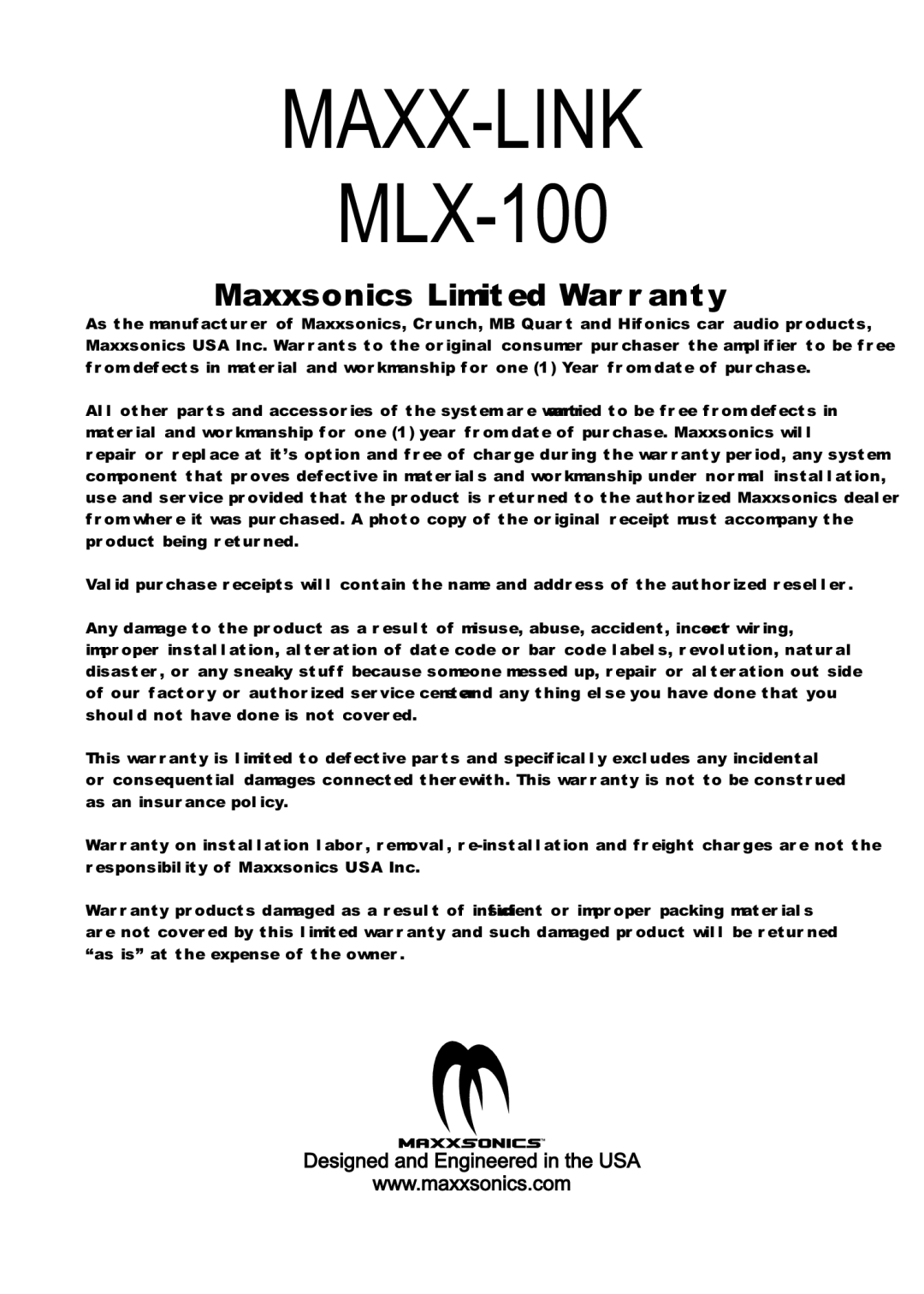 Maxxsonics MLX-100 manual Maxx-Link 