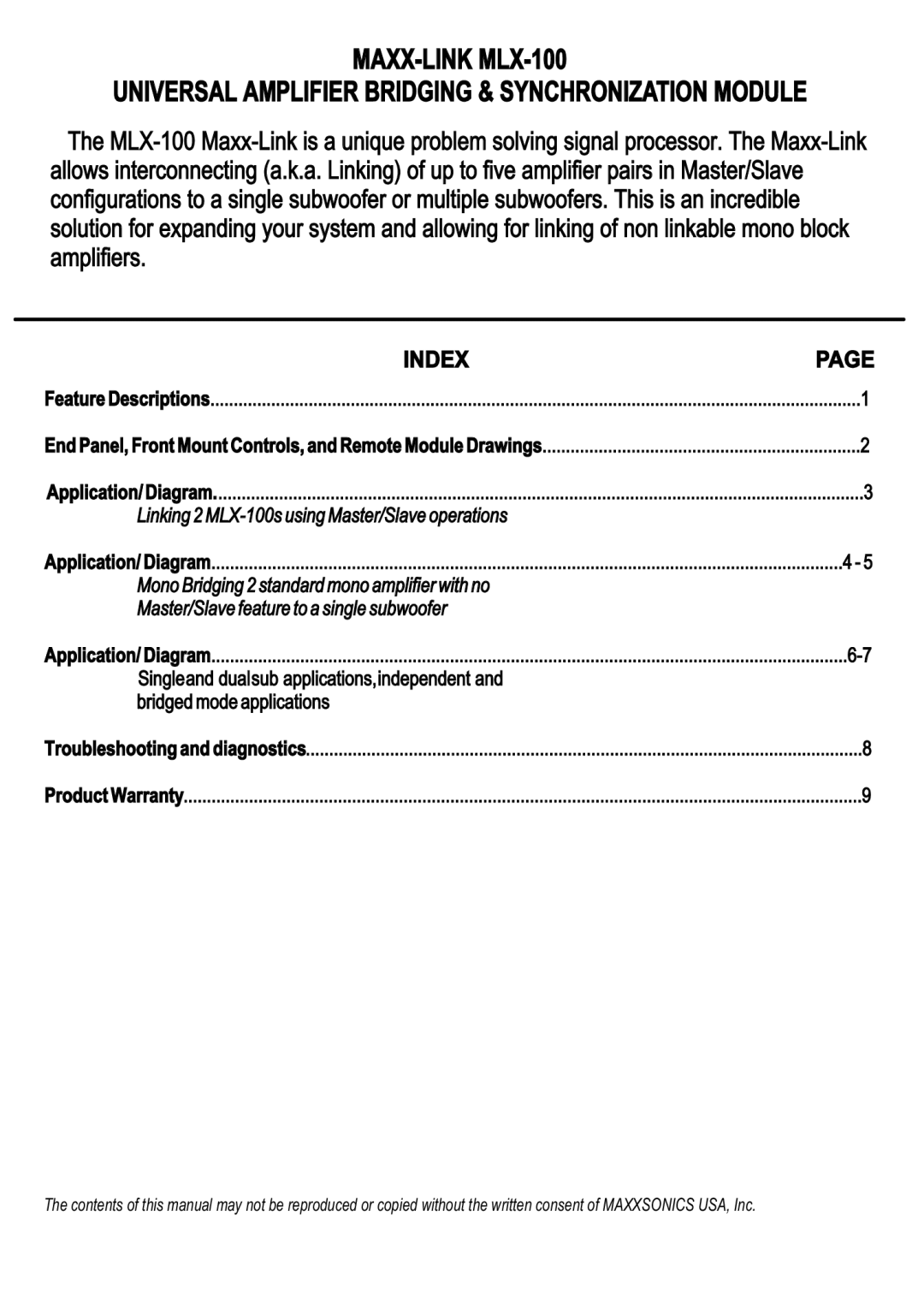 Maxxsonics MLX-100 manual Index 