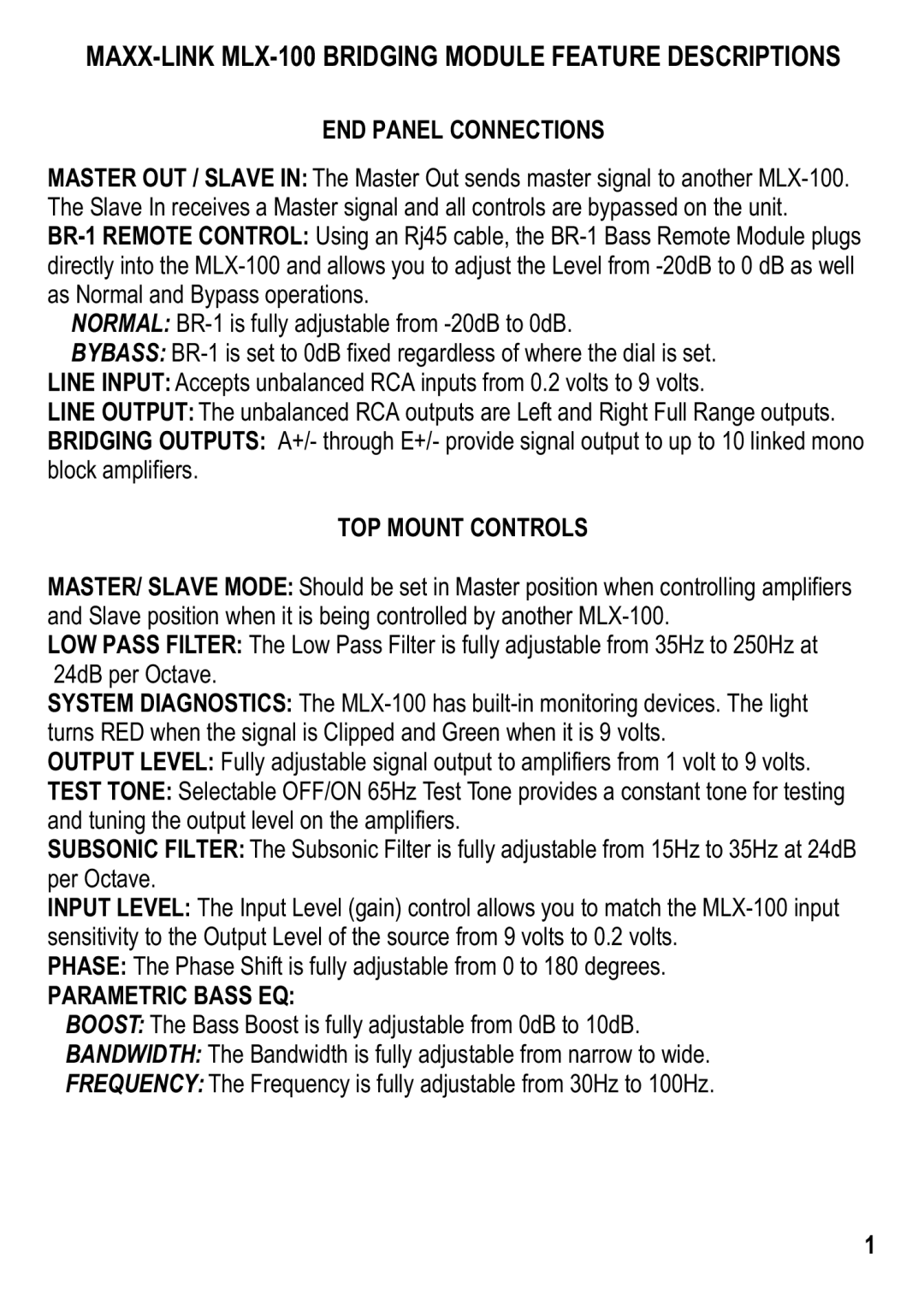 Maxxsonics manual MAXX-LINK MLX-100 Bridging Module Feature Descriptions, END Panel Connections 