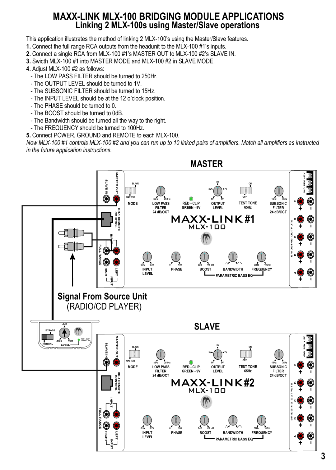 Maxxsonics manual MAXX-LINK MLX-100 Bridging Module Applications, Linking 2 MLX-100s using Master/Slave operations 