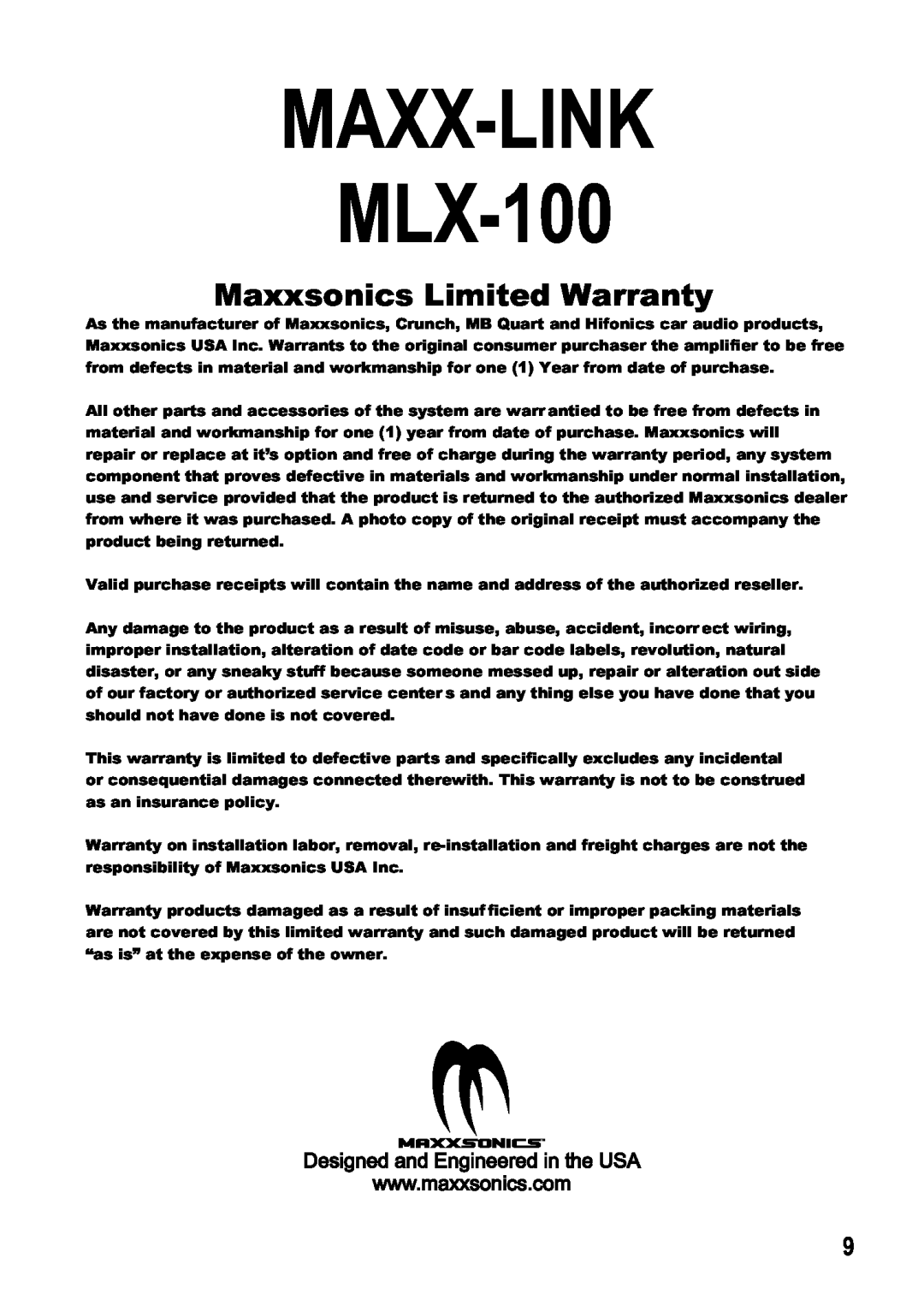 Maxxsonics manual Maxxsonics Limited Warranty, MAXX-LINK MLX-100 