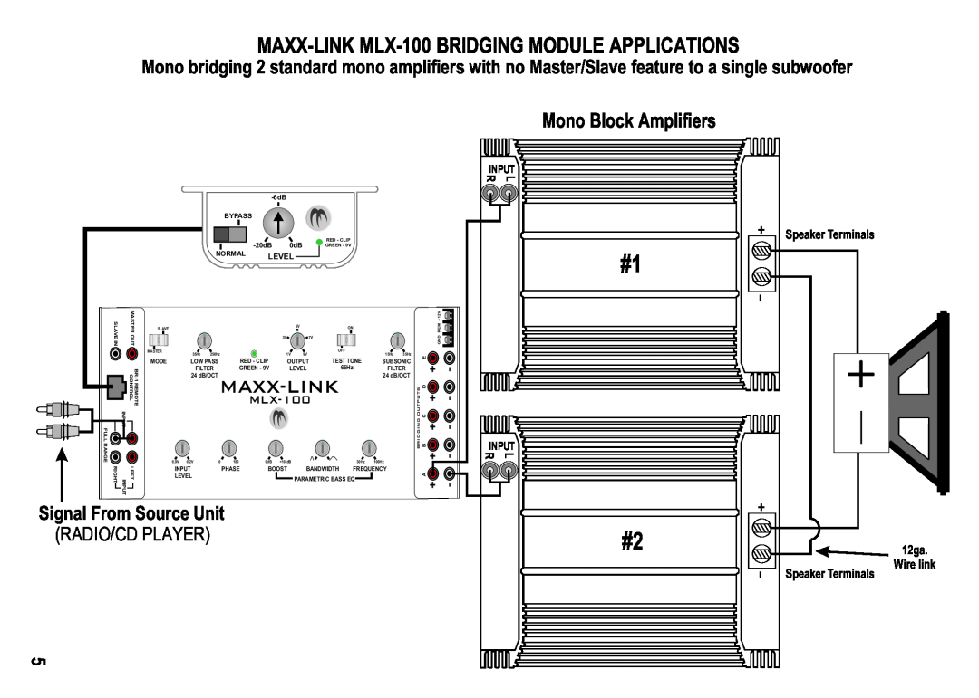 Maxxsonics manual MAXX-LINK MLX-100BRIDGING MODULE APPLICATIONS, Mono Block Amplifiers, Speaker Terminals 