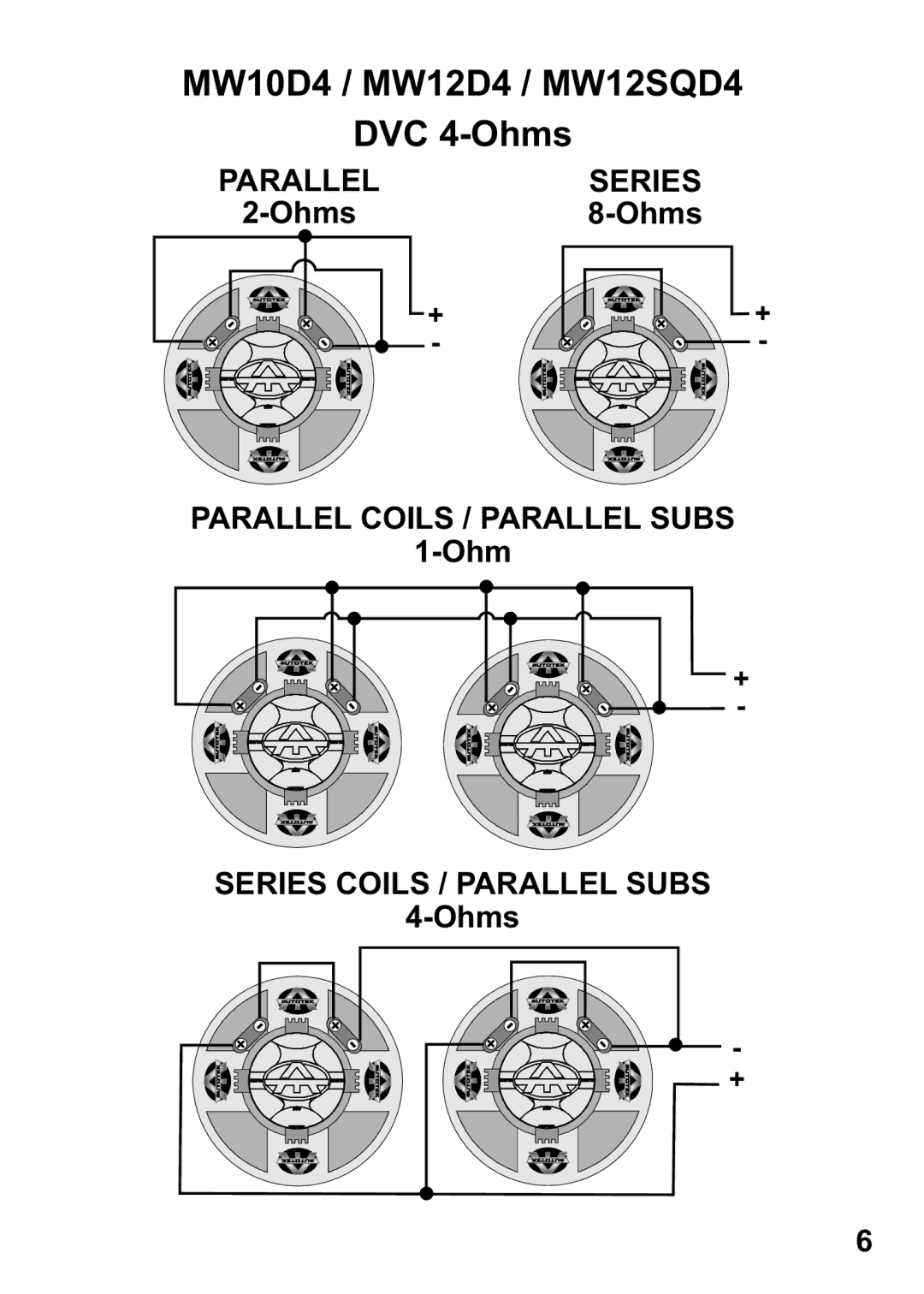 Maxxsonics MW10D2, MW15D2, MW12D2 manual MW10D4 / MW12D4 / MW12SQD4 DVC 4-Ohms 