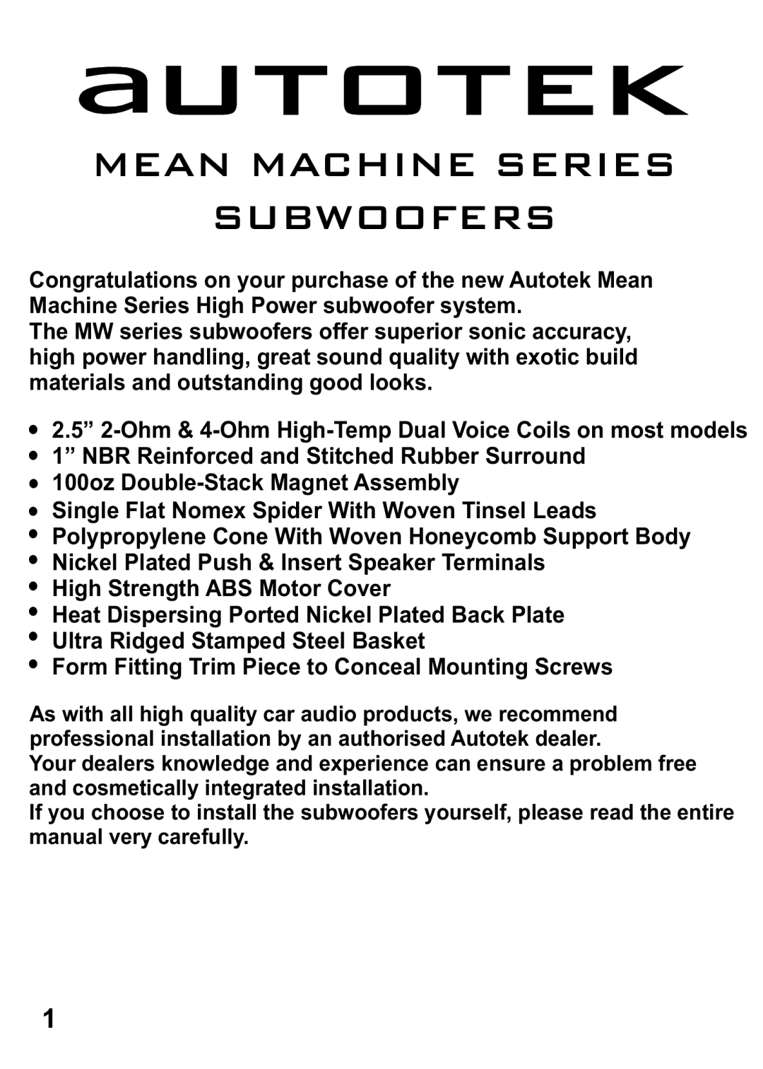 Maxxsonics MW10D2, MW10D4, MW12SQD4, MW15D2, MW12D4, MW12D2 manual autotek, Mean Machine Series Subwoofers 