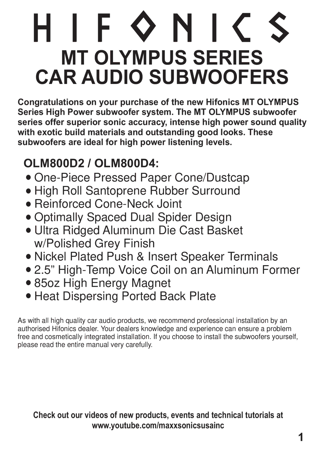 Maxxsonics OLM800D2, OLM800D4 manual MT Olympus Series CAR Audio Subwoofers 