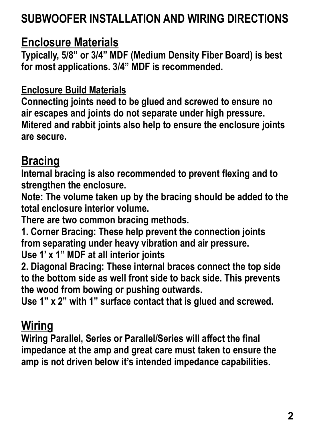 Maxxsonics P1-12D4, P1-12D2 manual Subwoofer Installation And Wiring Directions, Enclosure Materials, Bracing 