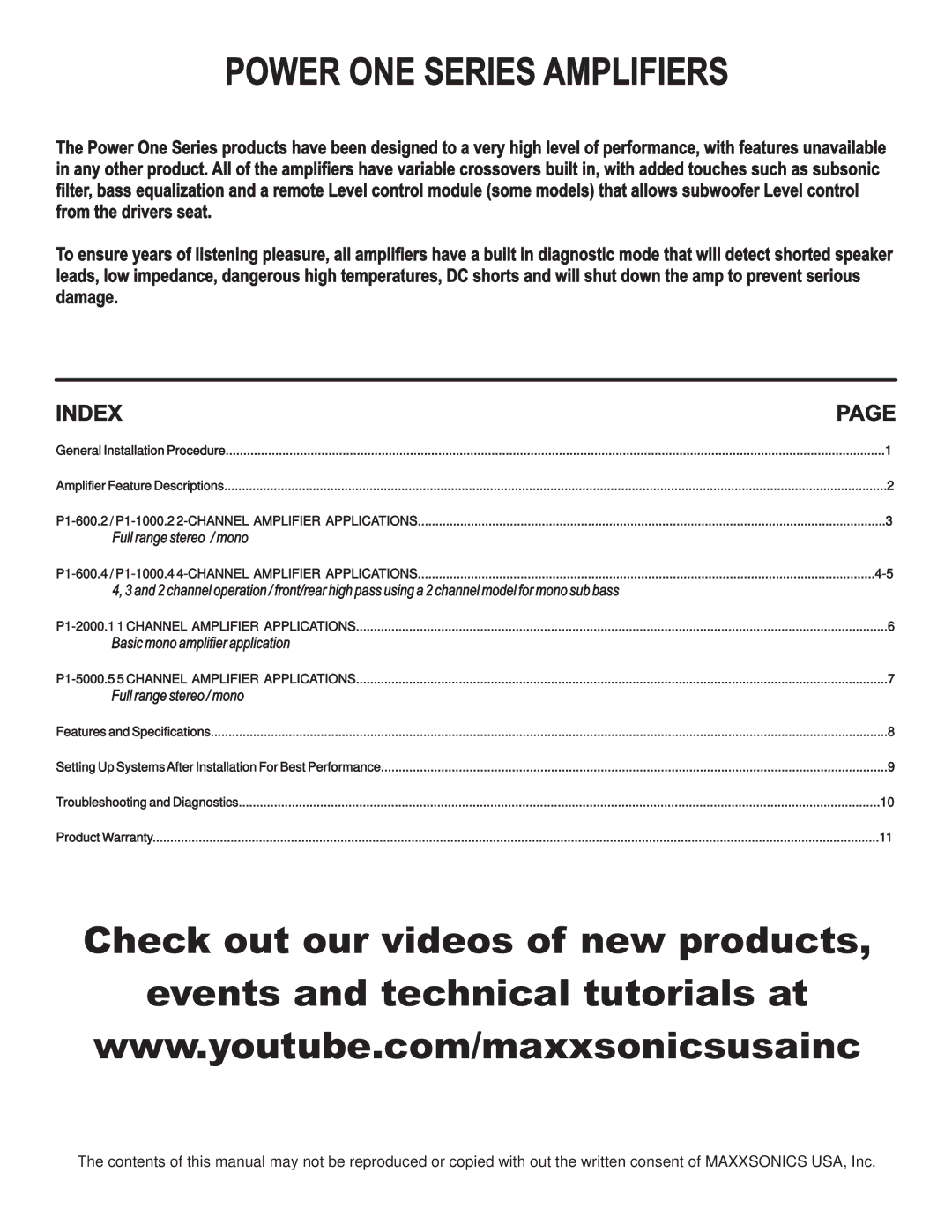 Maxxsonics P1-1000.2, P1-5000.5 manual Power ONE Series Amplifiers, P1-600.4 / P1-1000.4 4-CHANNEL Amplifier Applications 