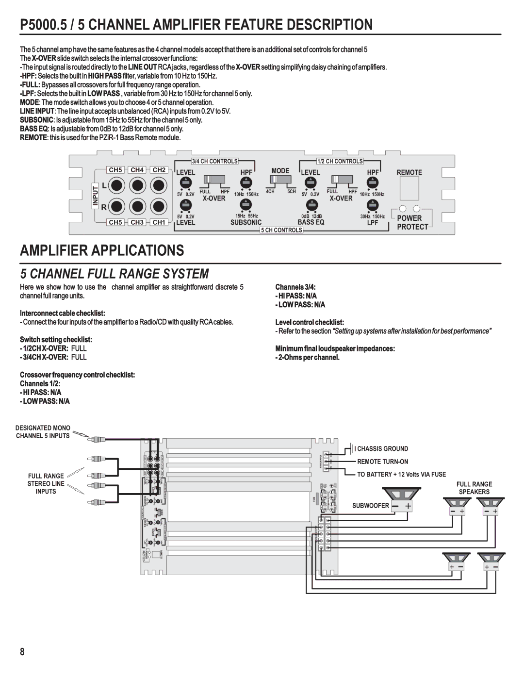 Maxxsonics P1100.2, P500.2 manual P5000.5 / 5 Channel Amplifier Feature Description, Amplifier Applications, Power Protect 