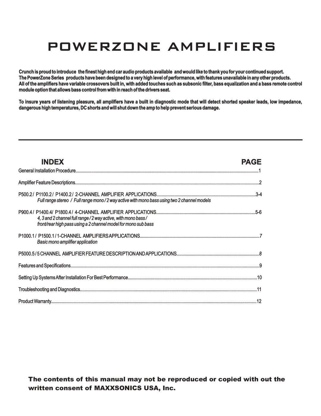 Maxxsonics P1400.2, P500.2, P1100.2 manual Powerzone Amplifiers 