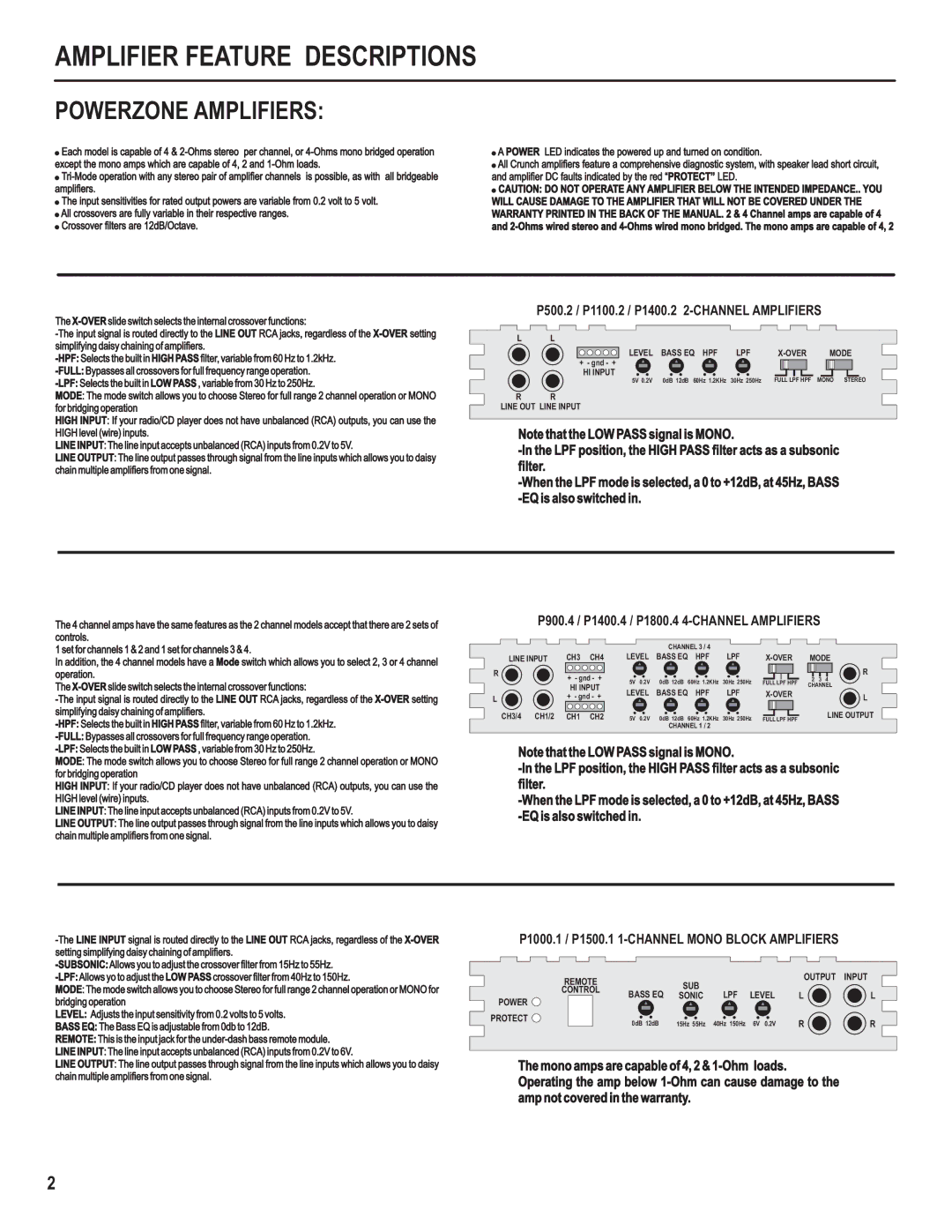 Maxxsonics manual Amplifier Feature Descriptions, Powerzone Amplifiers, P500.2 / P1100.2 / P1400.2 2-CHANNEL Amplifiers 