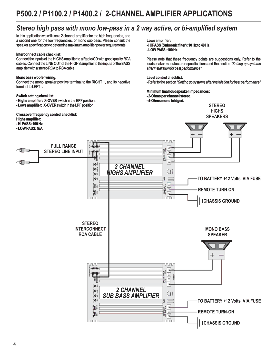 Maxxsonics P500.2, P1100.2, P1400.2 manual Stereo Highs Speakers Full Range Stereo Line Input, LOW Pass N/A 