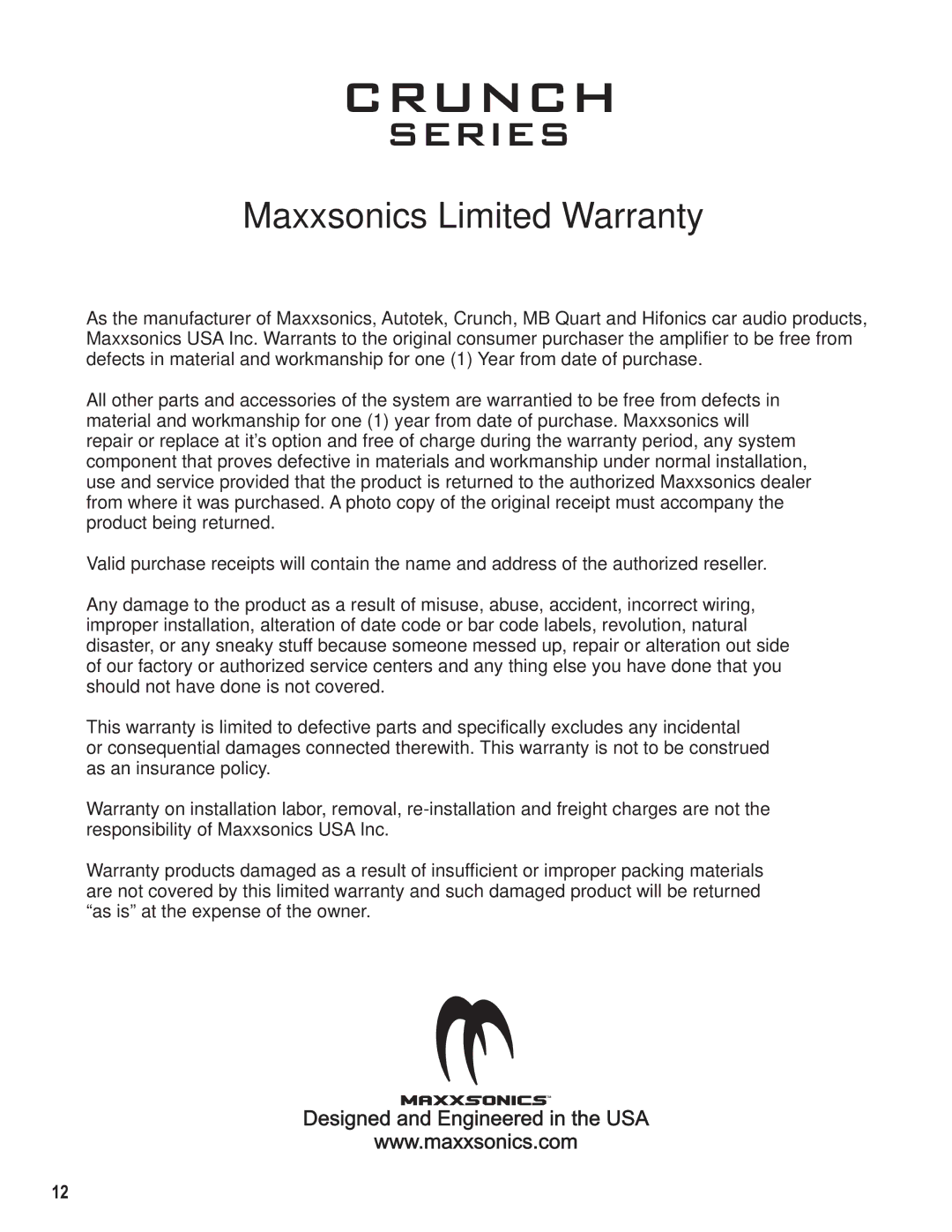 Maxxsonics PZI550.5, PZI325.1, PZI175.4, PZI1500.1, PZI250.2, PZI100.4, PZI1000.1, PZI2000.1D, PZI3000.1D, PZI125.4 manual Crunch 