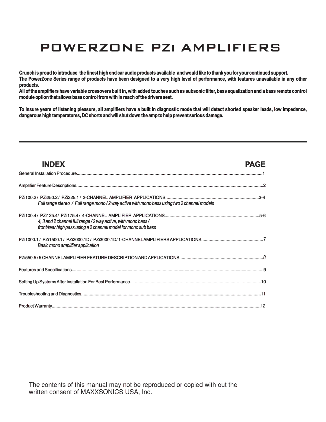 Maxxsonics PZI175.4, PZI325.1, PZI550.5, PZI1500.1, PZI250.2, PZI100.4, PZI1000.1, PZI2000.1D, PZI125.4 Powerzone PZi Amplifiers 