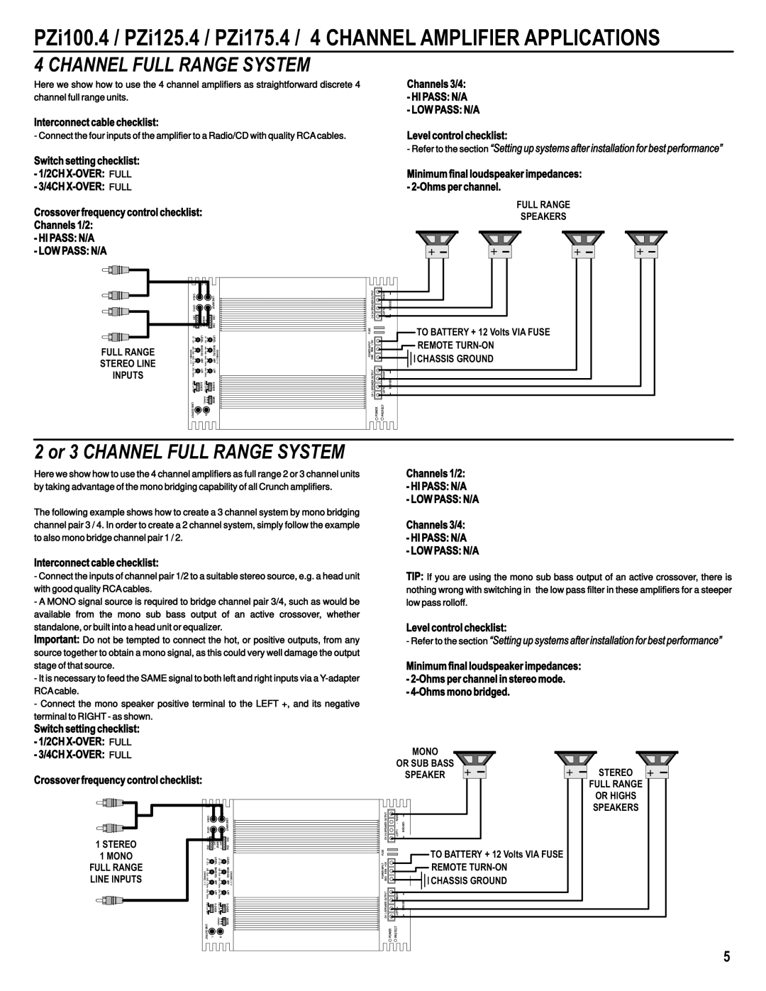 Maxxsonics PZI1000.1, PZI325.1, PZI175.4, PZI550.5, PZI1500.1 Channel Full Range System, 2 or 3 CHANNEL FULL RANGE SYSTEM 