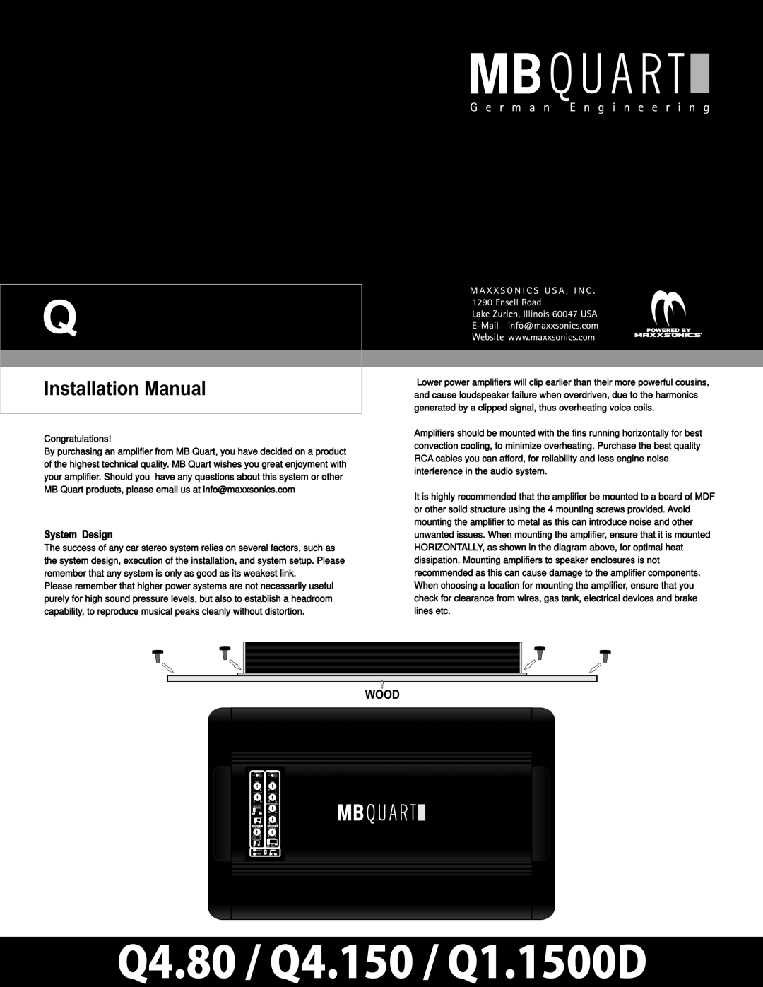 Maxxsonics Q4.1500D, Q4.80 installation manual Installation Manual, Wood, Congratulations 