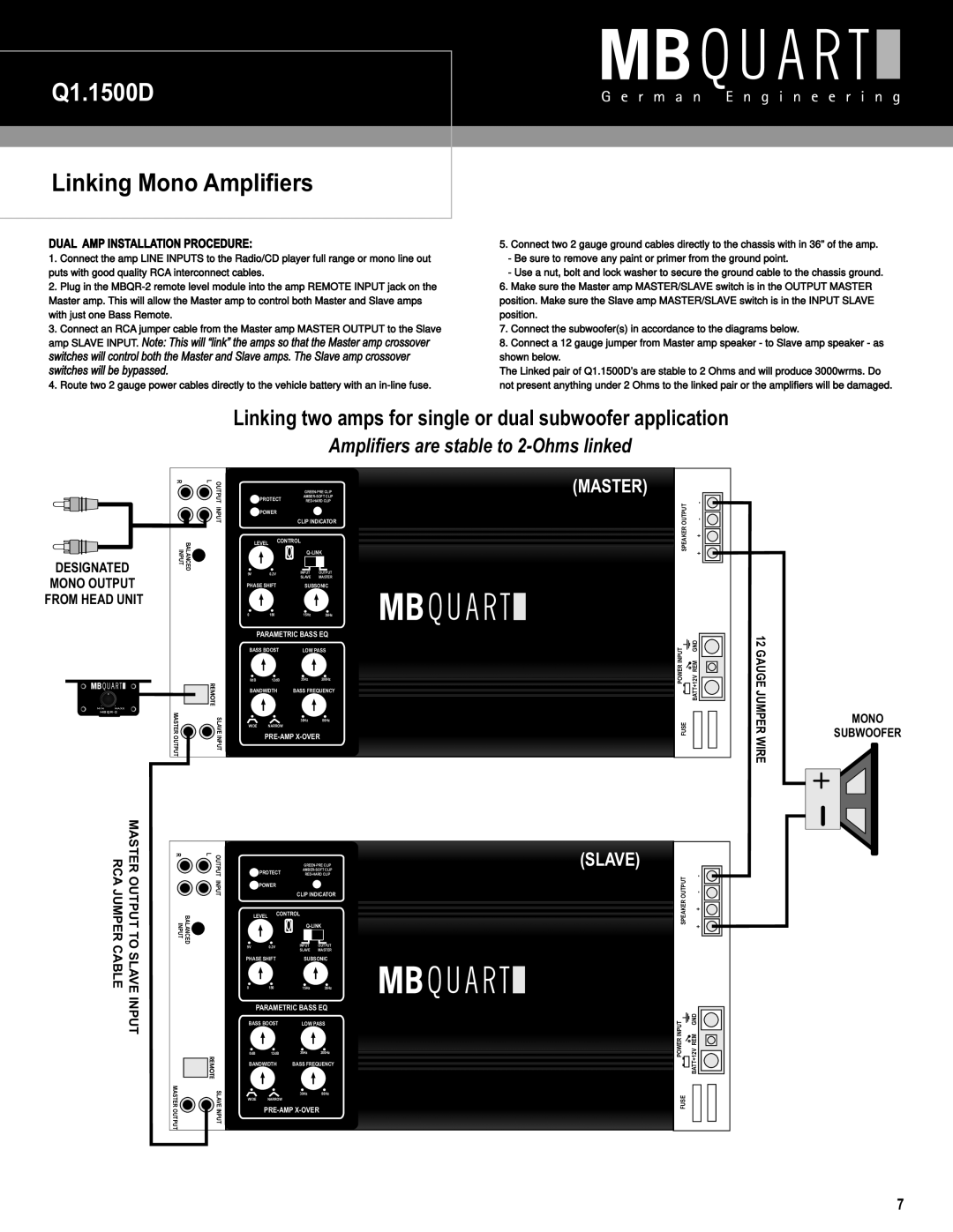 Maxxsonics Q4.80, Q4.1500D Linking Mono Amplifiers, Dual AMP Installation Procedure, Master, RCA Jumper Cable, Input 