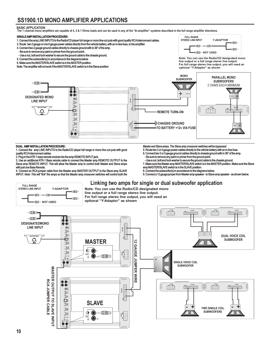 Maxxsonics SS750.1, SS500.1, SS75.2 manual Designated Mono Line Input, Remote TURN-ON, Master, Gauge Jumper Wire, Cable Slave 