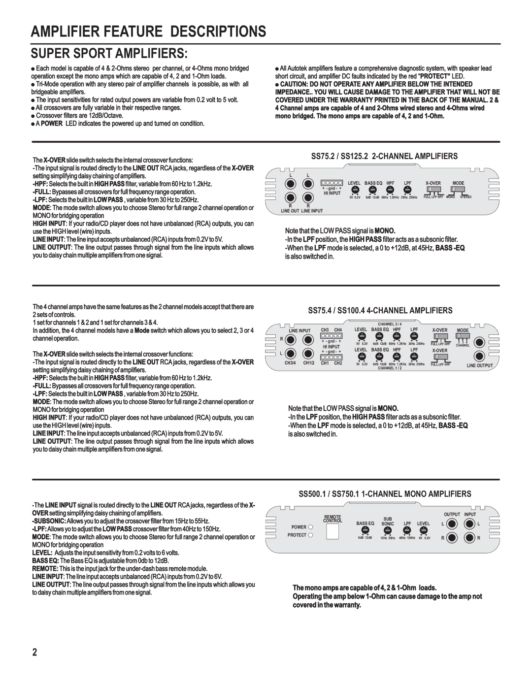 Maxxsonics SS100.4, SS500.1, SS75.2, SS75.4, SS750.1, SS1000.1D, SS125.2 Amplifier Feature Descriptions, Super Sport Amplifiers 