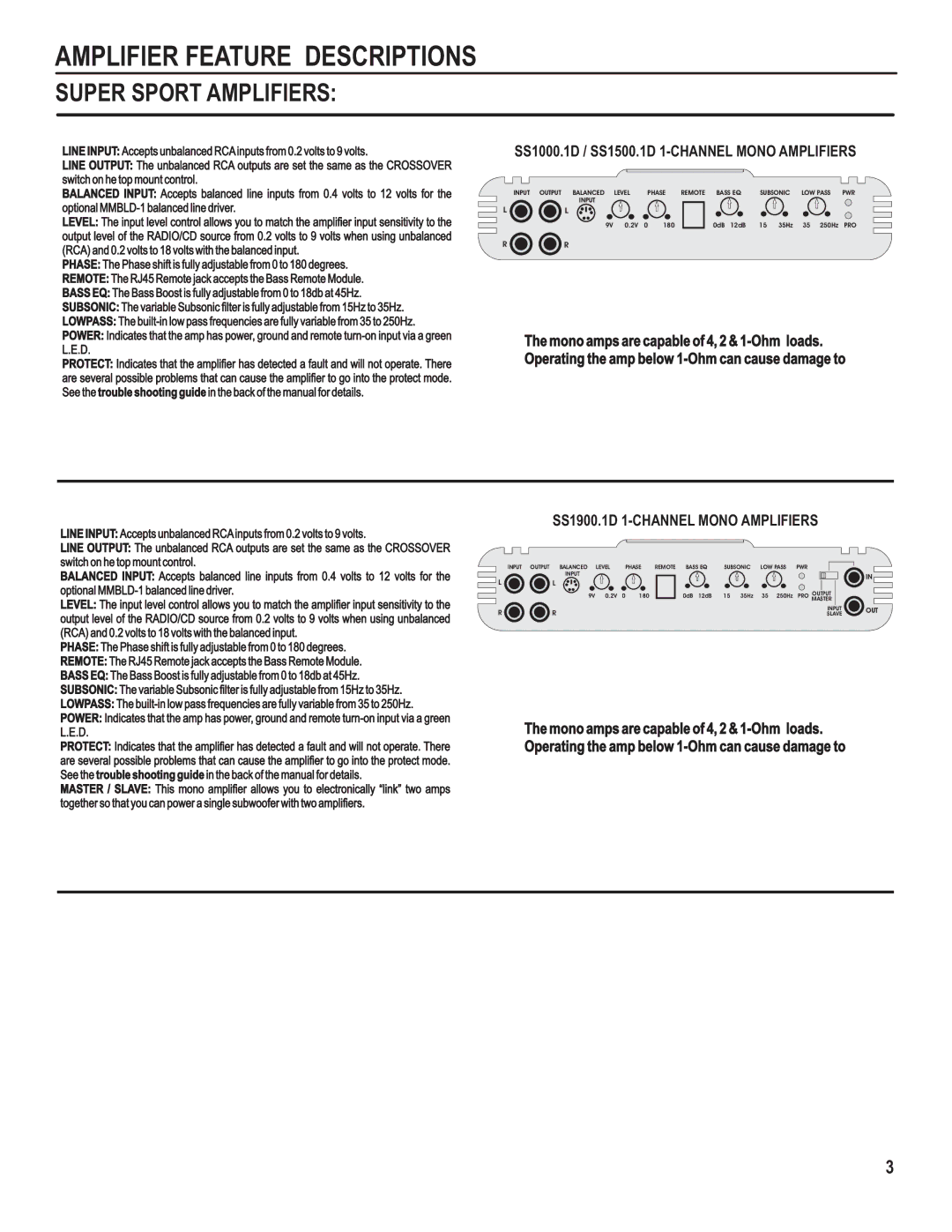 Maxxsonics SS500.1, SS75.2, SS75.4, SS750.1, SS100.4, SS125.2, SS1900.1D SS1000.1D / SS1500.1D 1-CHANNEL Mono Amplifiers 