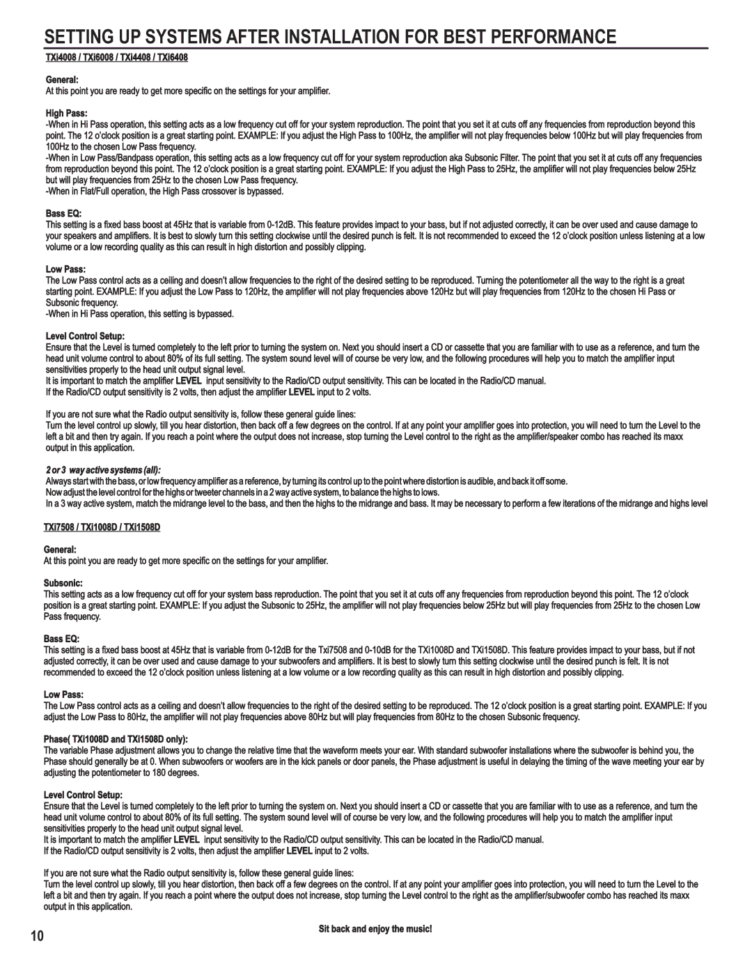 Maxxsonics TXi6008, TXi7508 manual Setting UP Systems After Installation for Best Performance, Or 3 way active systems all 
