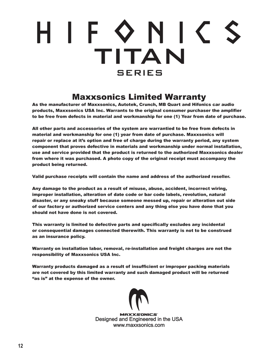 Maxxsonics TXi7508, TXi6408, TXi4008, TXi15080, TXi4408, TXi6008, TXi10080 manual Titan, Maxxsonics Limited Warranty 