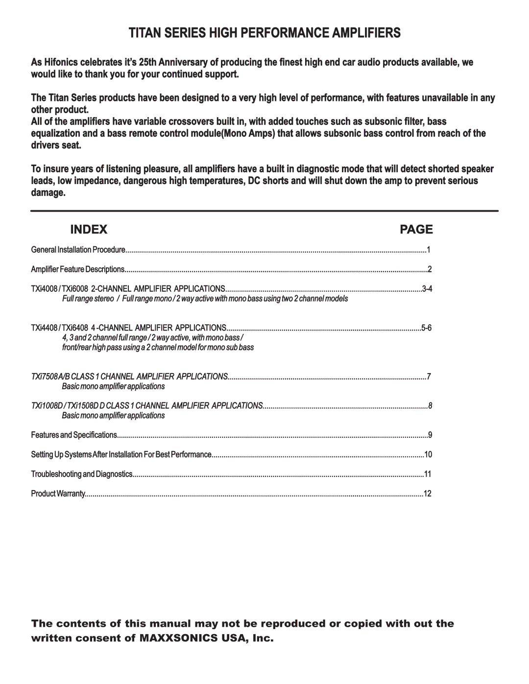 Maxxsonics TXi4008, TXi7508, TXi6408, TXi15080, TXi4408, TXi6008, TXi10080 manual Titan Series High Performance Amplifiers, Index 