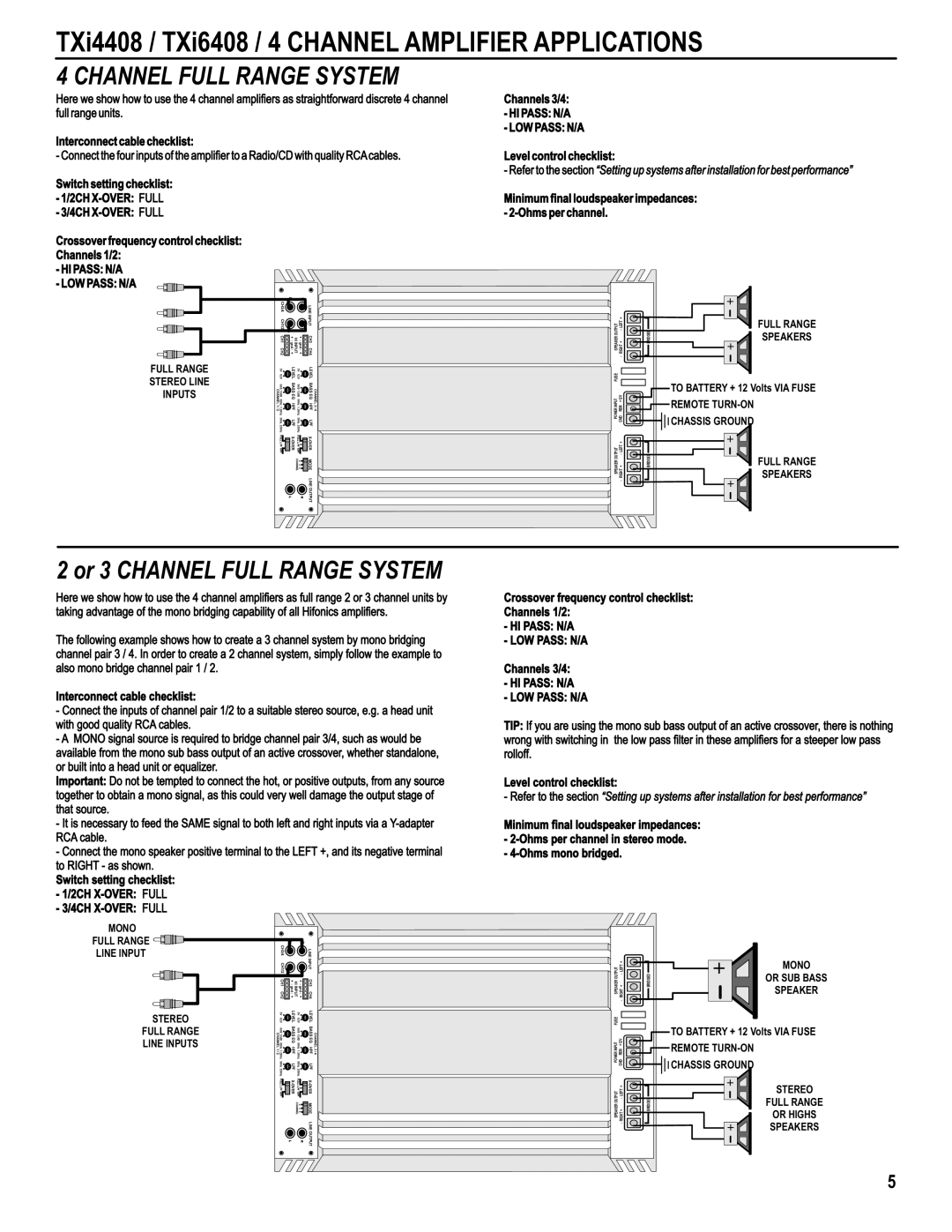 Maxxsonics TXi7508, TXi4008, TXi15080 TXi4408 / TXi6408 / 4 Channel Amplifier Applications, Or 3 Channel Full Range System 