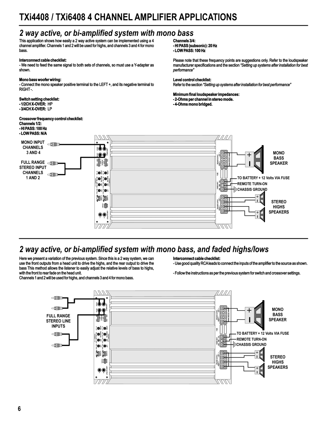 Maxxsonics manual TXi4408 / TXi6408 4 Channel Amplifier Applications, Way active, or bi-amplified system with mono bass 