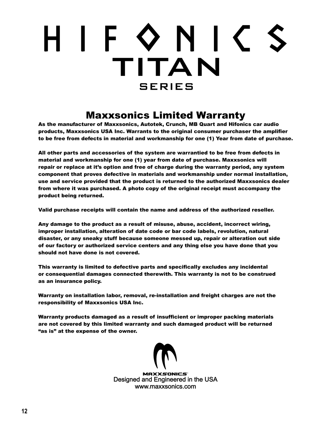 Maxxsonics TXi7508, TXi6408, TXi4008, TXi15080, TXi4408, TXi6008, TXi10080 manual Maxxsonics Limited Warranty, Titan, Series 