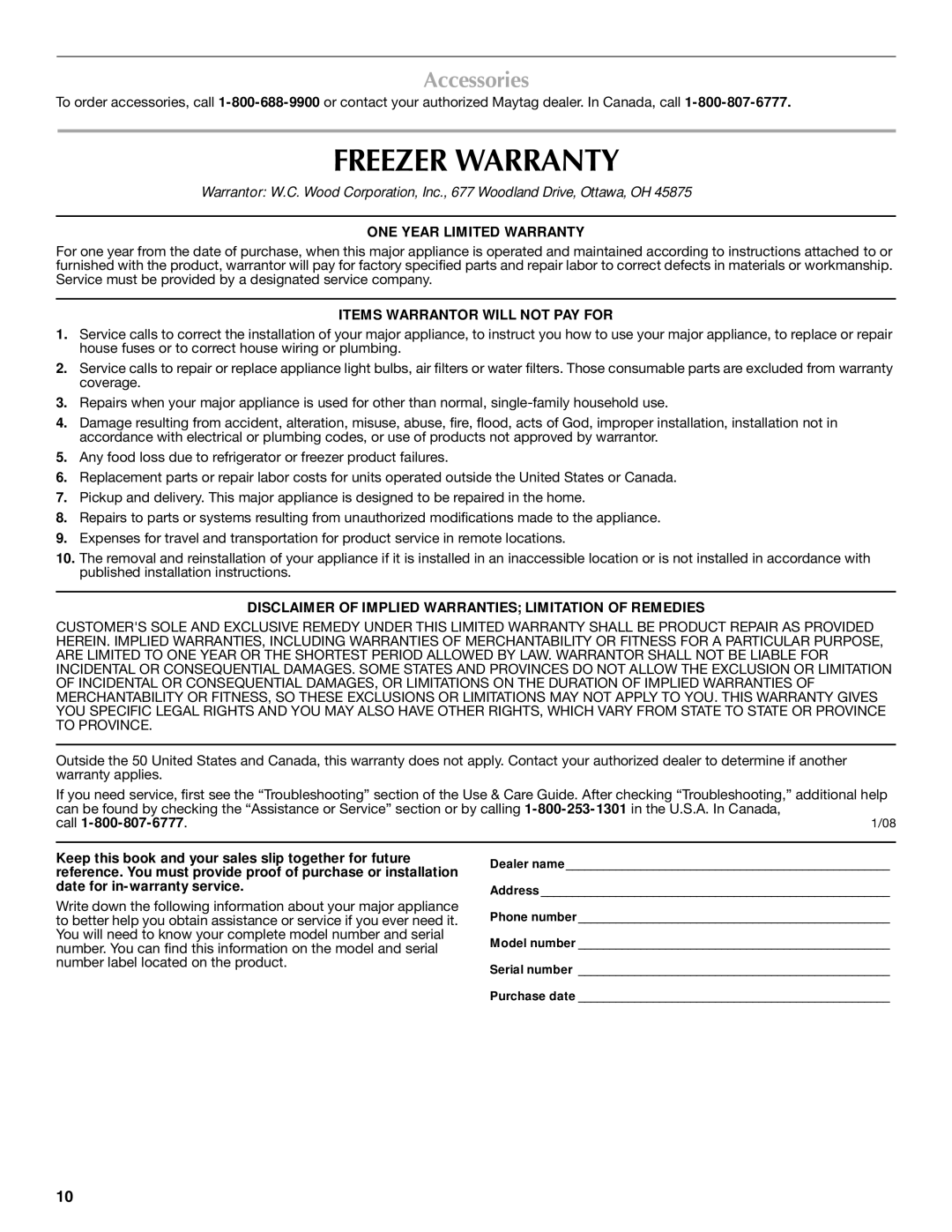 Maytag 1-82180-002 manual Freezer Warranty, Accessories 