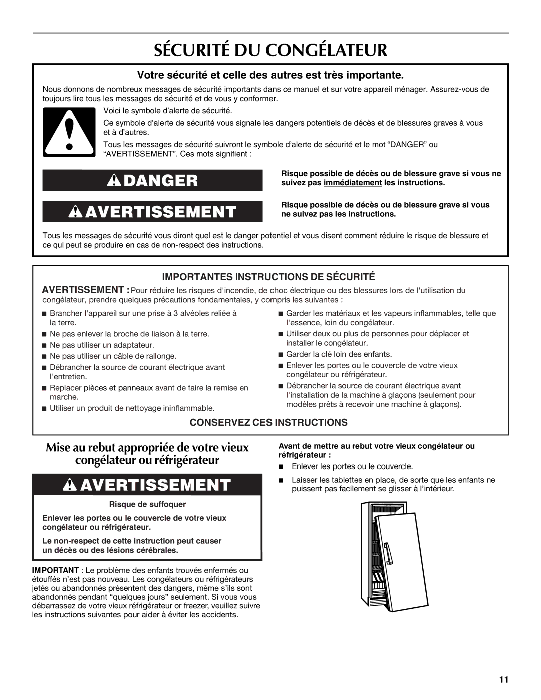 Maytag 1-82180-002 manual Sécurité DU Congélateur, Votre sécurité et celle des autres est très importante 