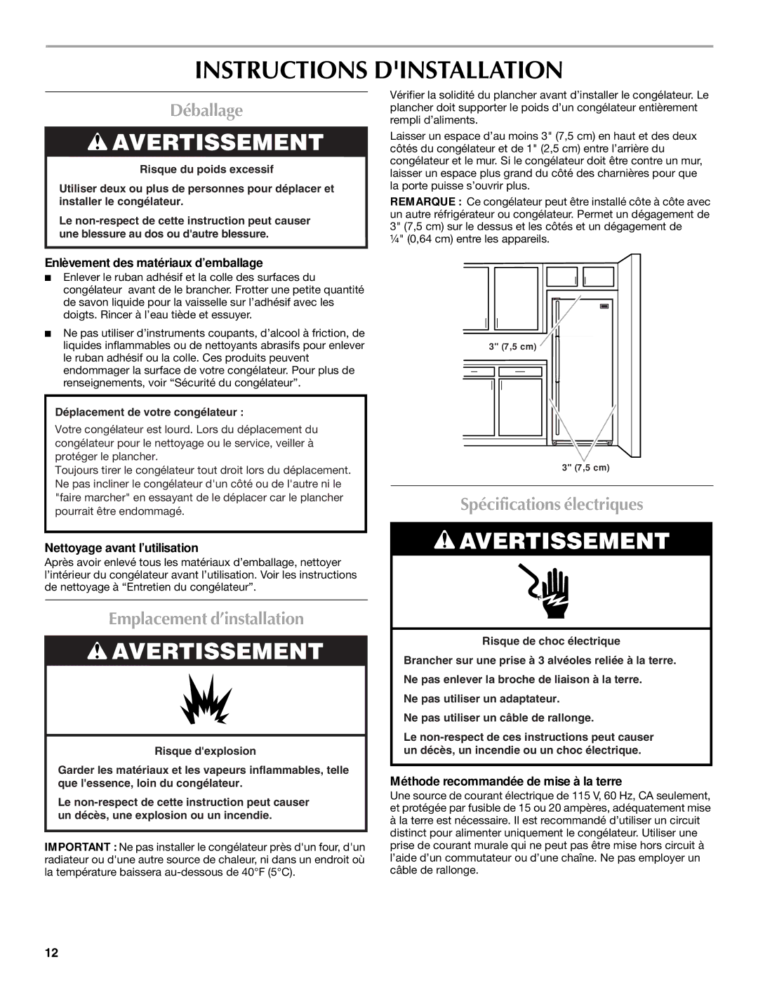 Maytag 1-82180-002 manual Instructions Dinstallation, Déballage, Emplacement d’installation, Spécifications électriques 