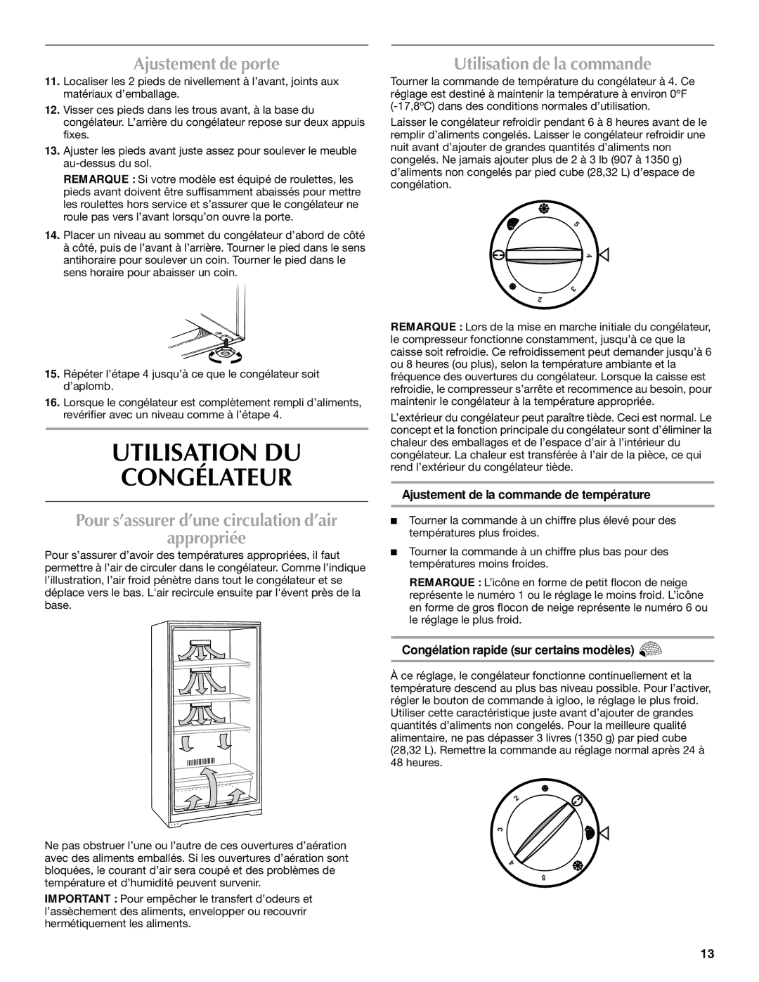 Maytag 1-82180-002 manual Utilisation DU Congélateur, Ajustement de porte, Appropriée, Utilisation de la commande 