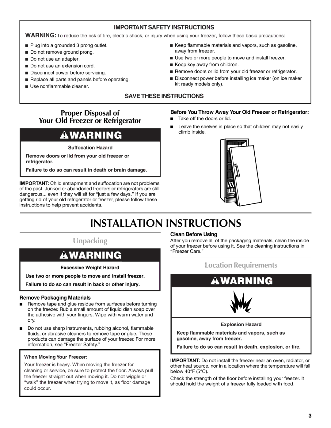 Maytag 1-82180-002 manual Installation Instructions, Unpacking, Location Requirements 