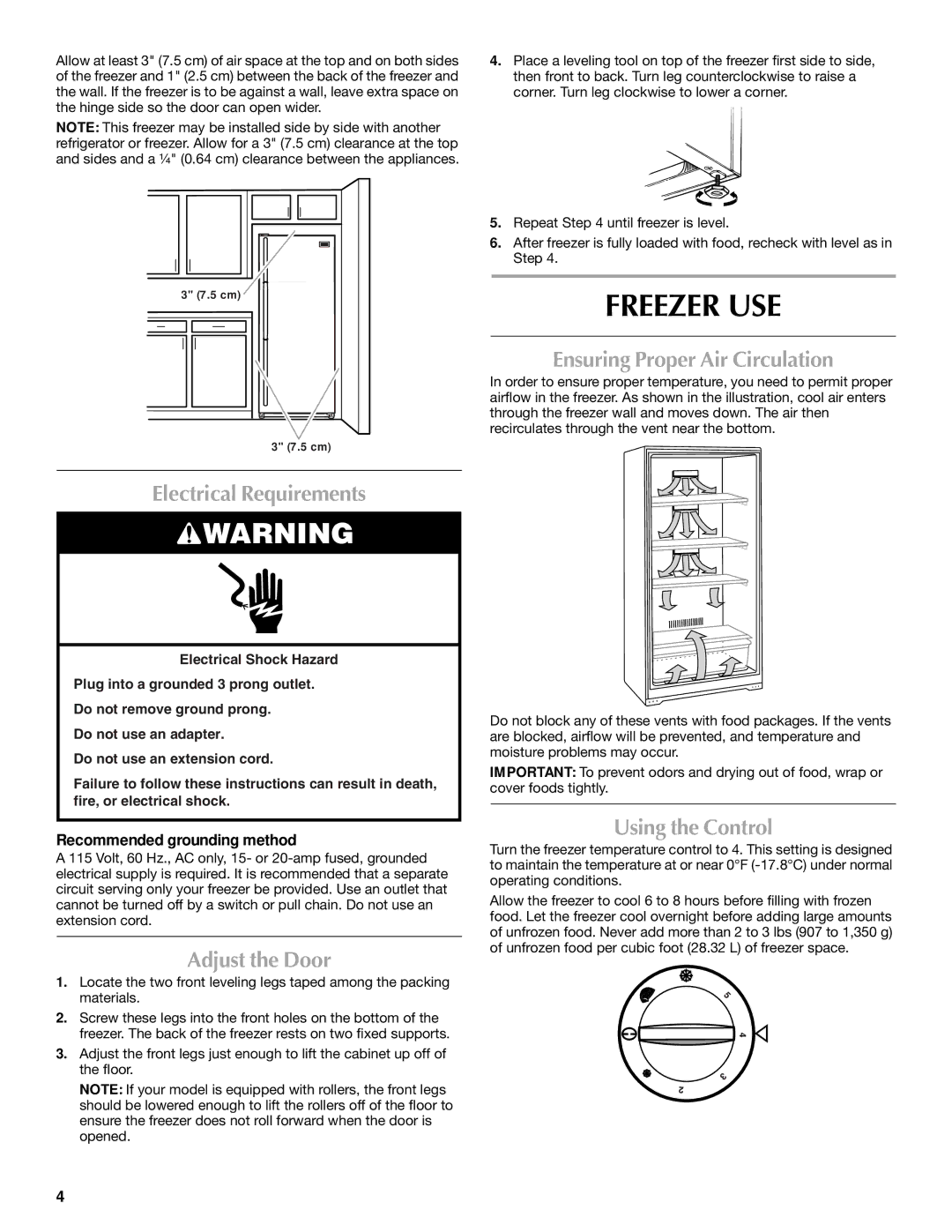 Maytag 1-82180-002 manual Freezer USE, Electrical Requirements, Adjust the Door, Ensuring Proper Air Circulation 