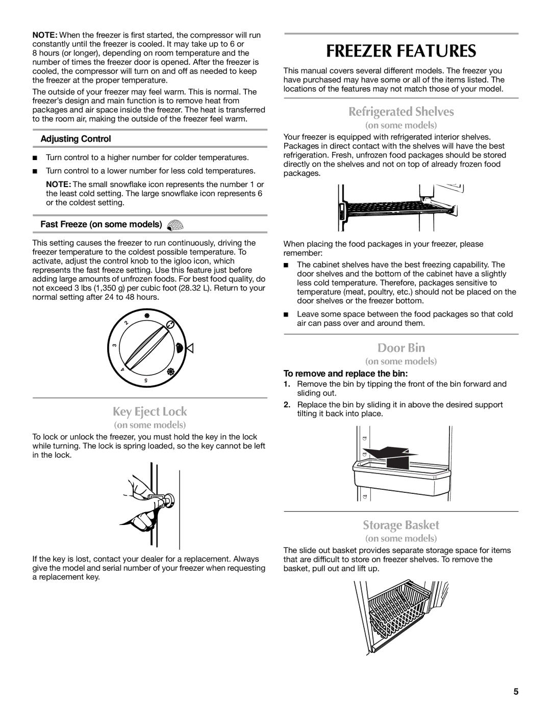 Maytag 1-82180-002 manual Freezer Features, Key Eject Lock, Refrigerated Shelves, Door Bin, Storage Basket 