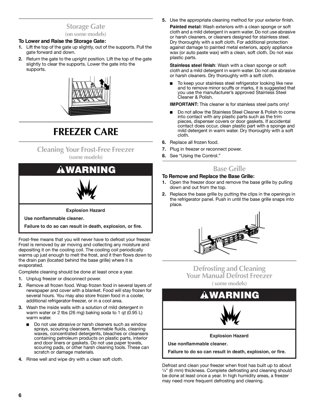 Maytag 1-82180-002 manual Freezer Care, Storage Gate, Cleaning Your Frost-Free Freezer, Base Grille 