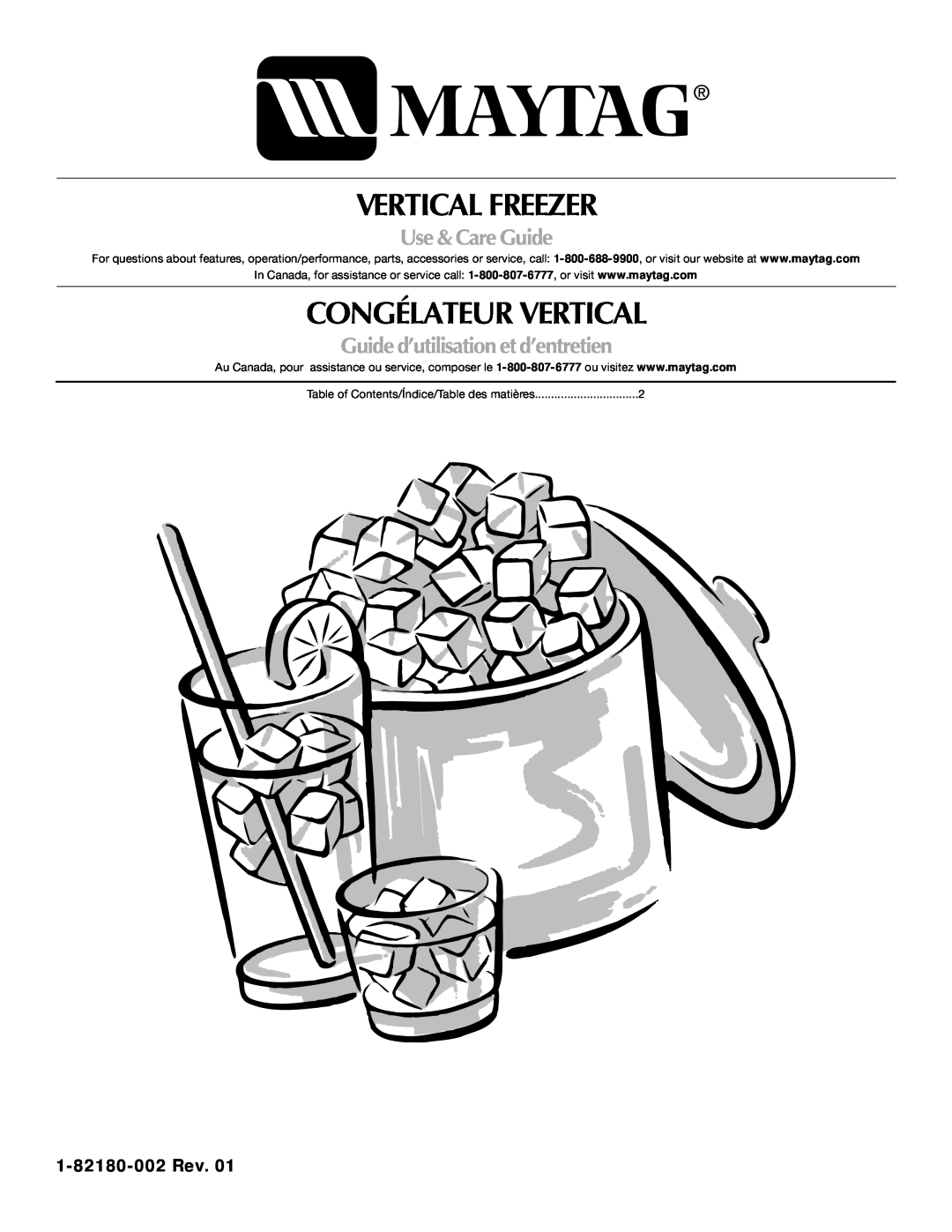 Maytag 1-82180-002 manual Vertical Freezer, Congélateur Vertical, Use & Care Guide, Guide d’utilisation et d’entretien 