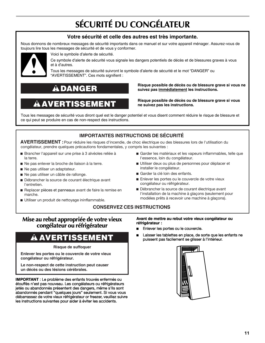 Maytag 1-82180-002 Sécurité Du Congélateur, Danger Avertissement, congélateur ou réfrigérateur, Conservez Ces Instructions 