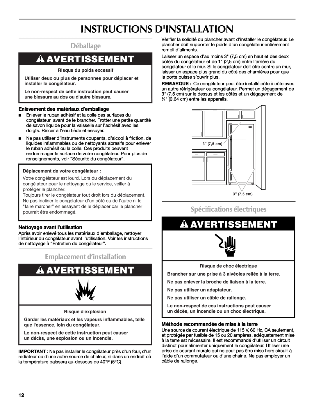 Maytag 1-82180-002 manual Instructions Dinstallation, Déballage, Emplacement d’installation, Spécifications électriques 