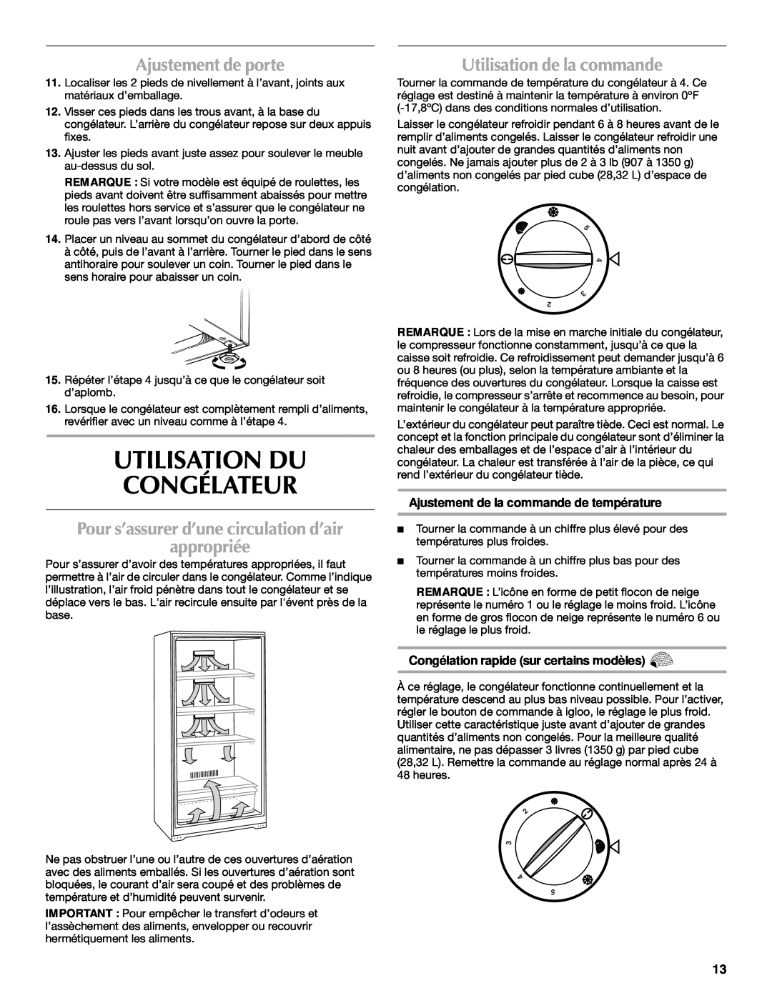 Maytag 1-82180-002 manual Utilisation Du Congélateur, Ajustement de porte, appropriée, Utilisation de la commande 