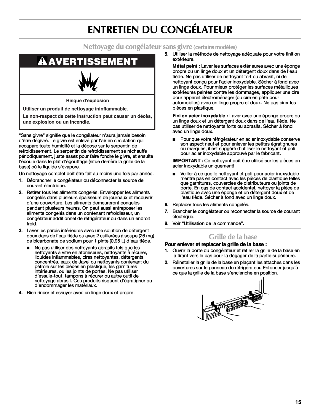 Maytag 1-82180-002 manual Entretien Du Congélateur, Nettoyage du congélateur sans givre certains modèles, Grille de la base 