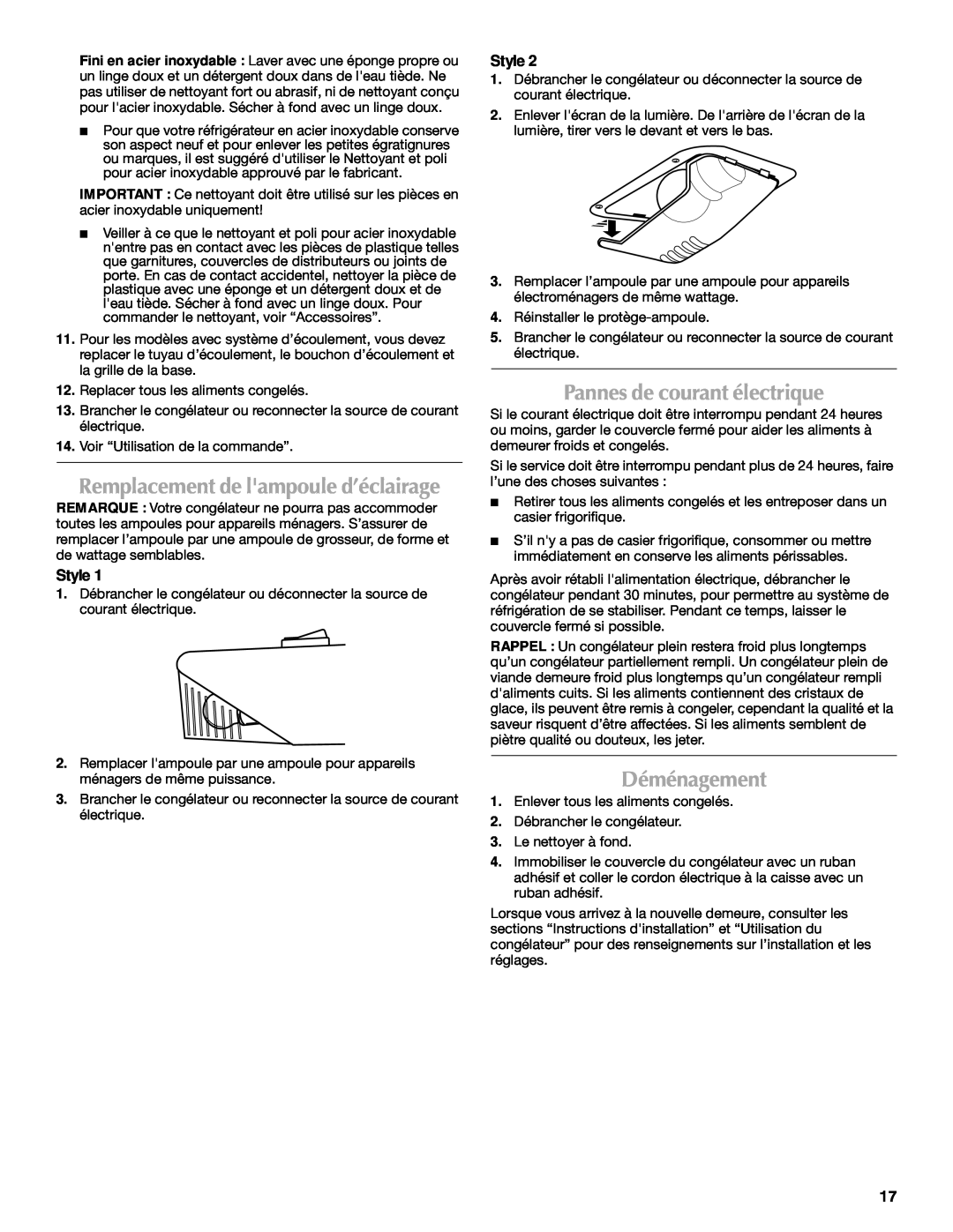 Maytag 1-82180-002 manual Pannes de courant électrique, Déménagement, Remplacement de lampoule d’éclairage, Style 