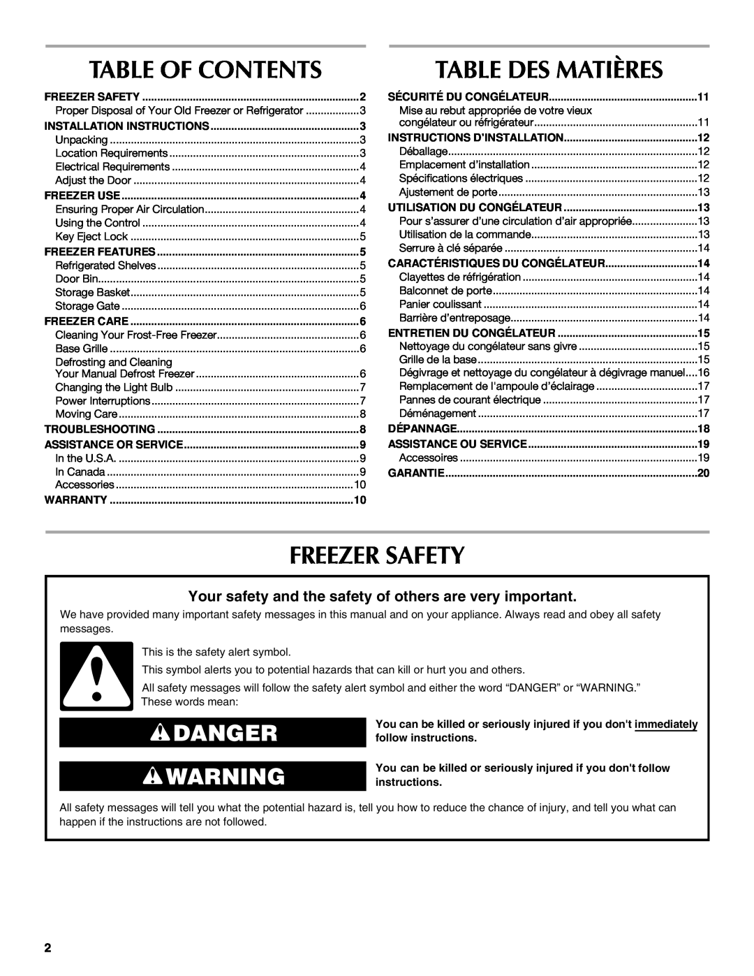 Maytag 1-82180-002 Table Of Contents, Freezer Safety, Danger, Your safety and the safety of others are very important 