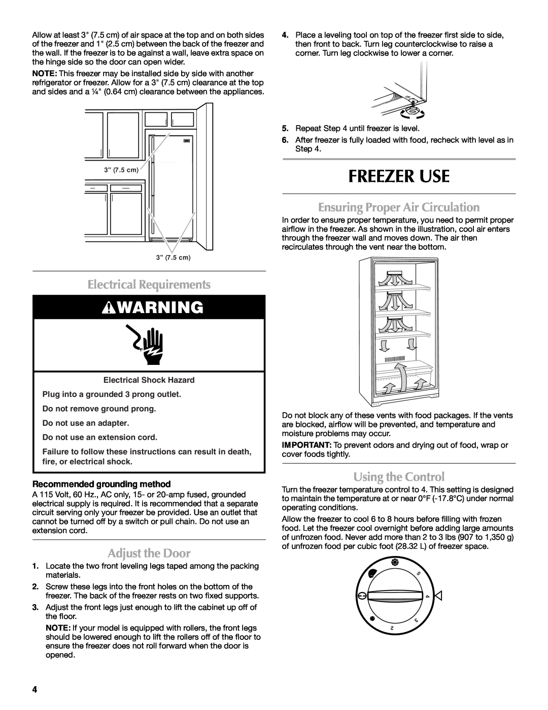 Maytag 1-82180-002 manual Freezer Use, Electrical Requirements, Adjust the Door, Ensuring Proper Air Circulation 