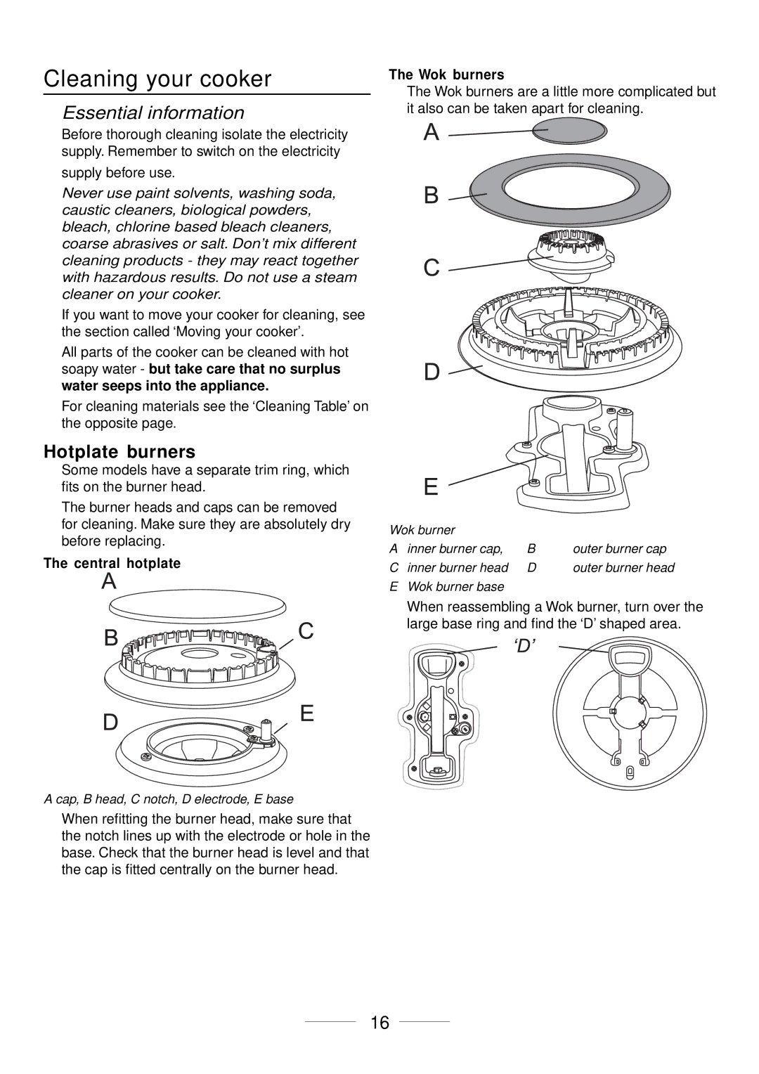 Maytag 110 installation instructions Cleaning your cooker, Hotplate burners, Central hotplate, Wok burners 