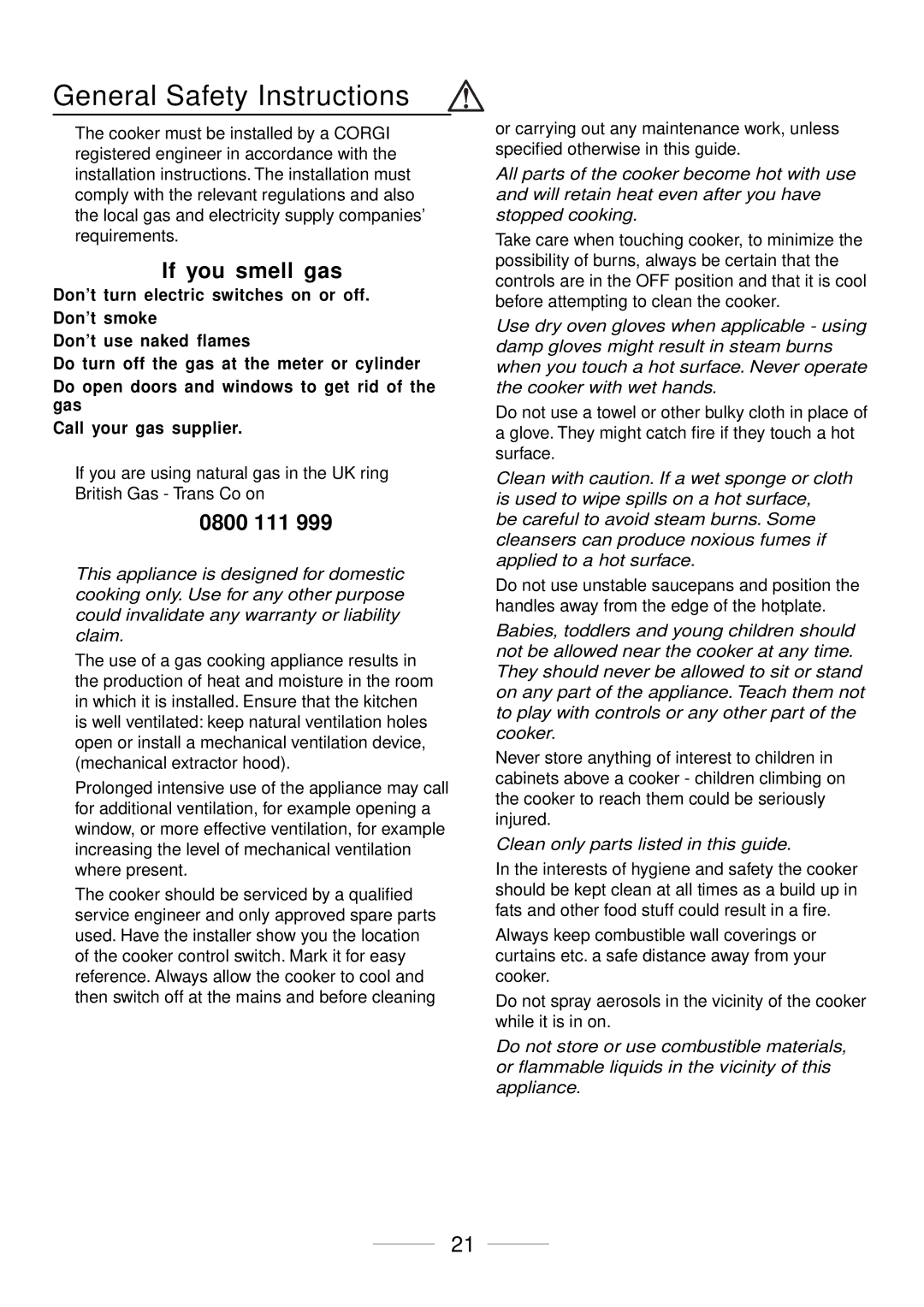 Maytag 110 installation instructions General Safety Instructions, If you smell gas, 0800 111 