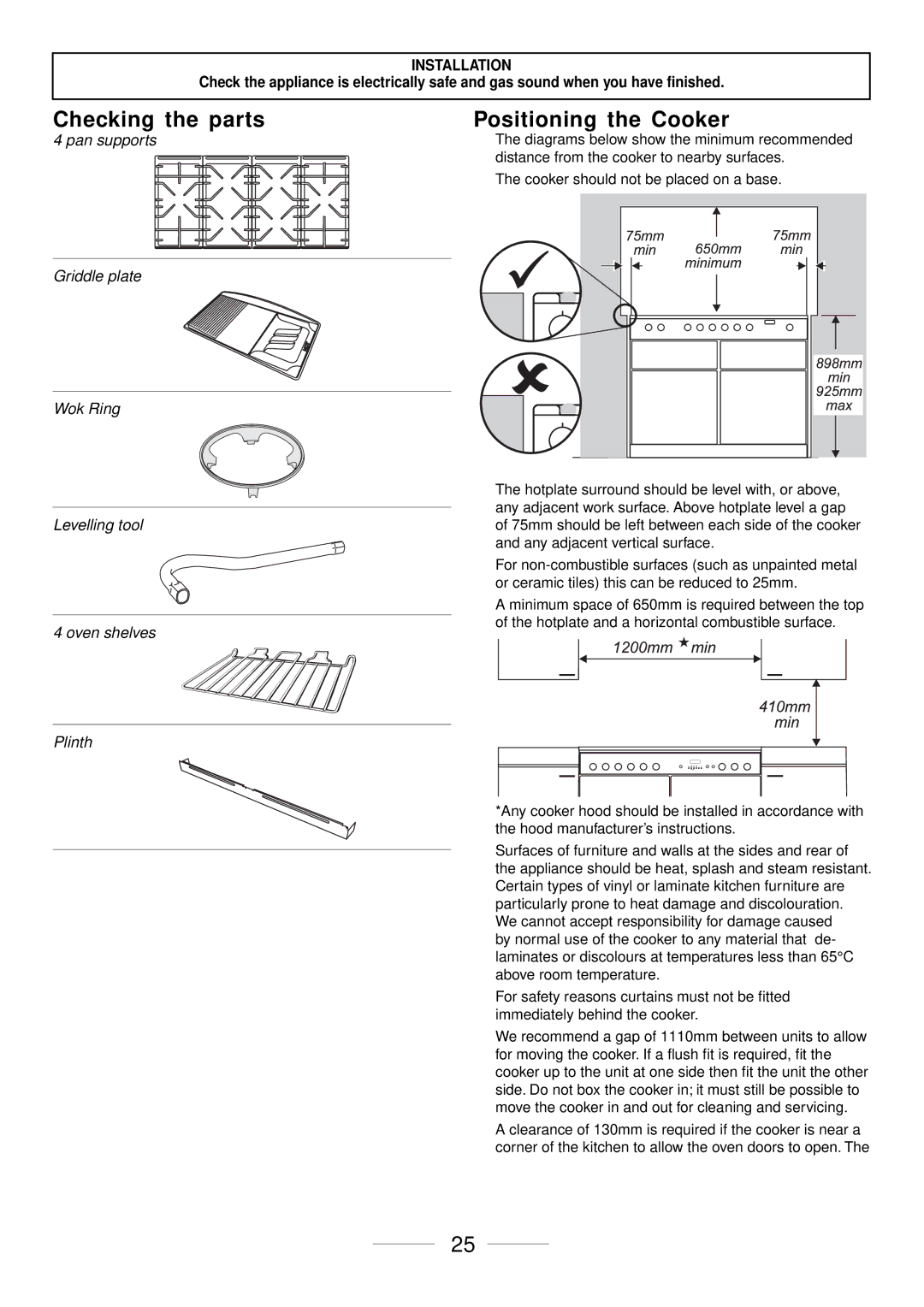 Maytag 110 installation instructions Checking the parts, Positioning the Cooker 