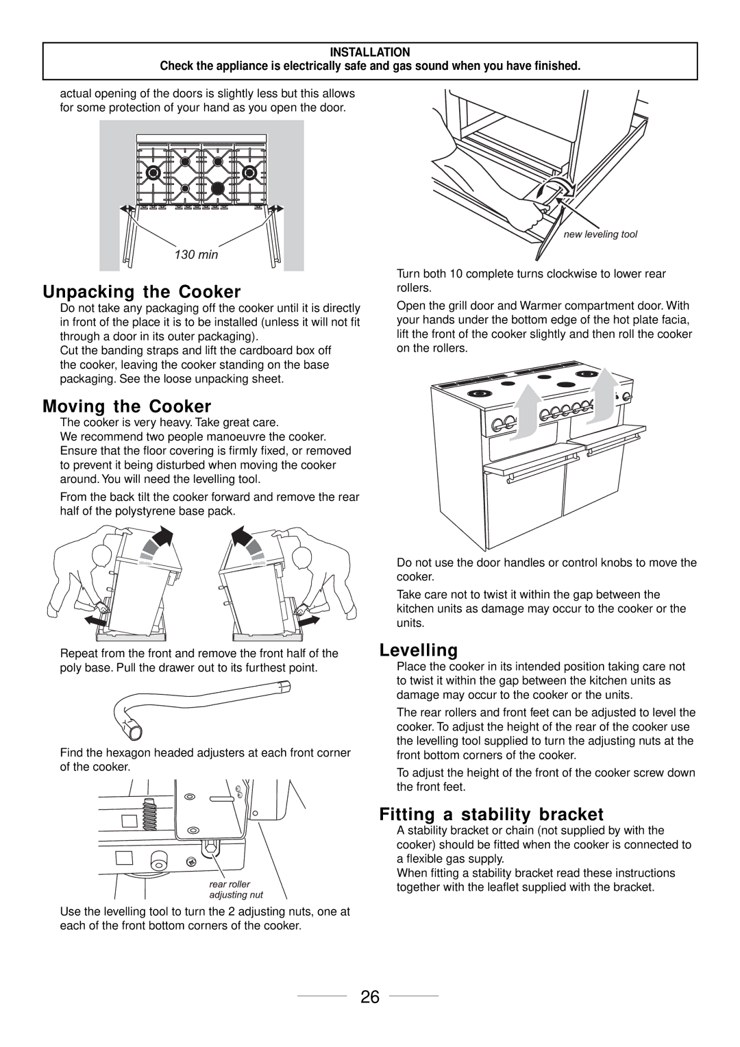 Maytag 110 installation instructions Unpacking the Cooker, Moving the Cooker, Levelling, Fitting a stability bracket 