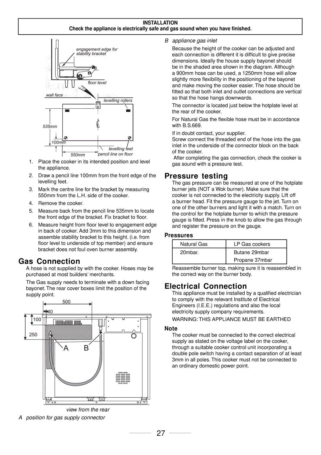 Maytag 110 installation instructions Gas Connection, Pressure testing, Electrical Connection, Pressures 